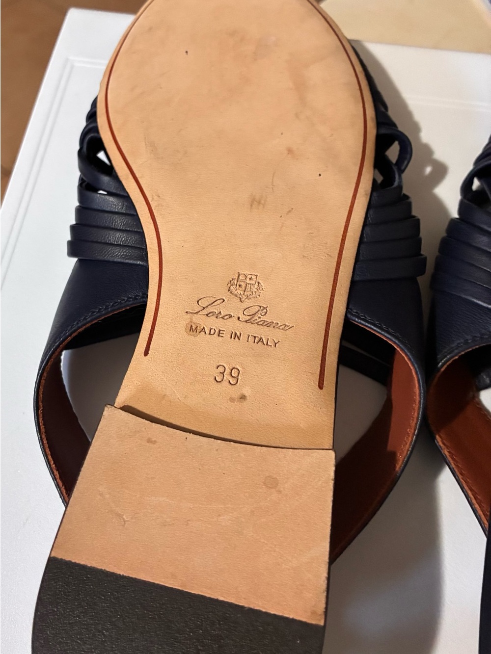 Loro Piana Navy Woven Leather Slingback Sandals with Cognac Insole - Picture 4 of 4